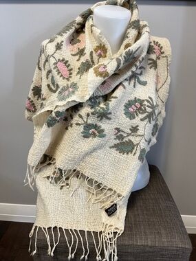 Natural Embroidered Floral Wool Scarf